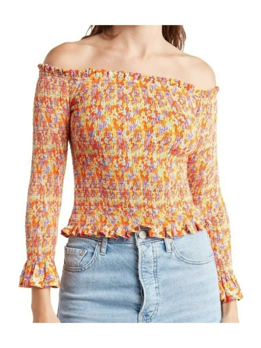 Caroline Constas Felicia Off-the-Shoulder Top Shirred Smocked Floral Sz M NEW